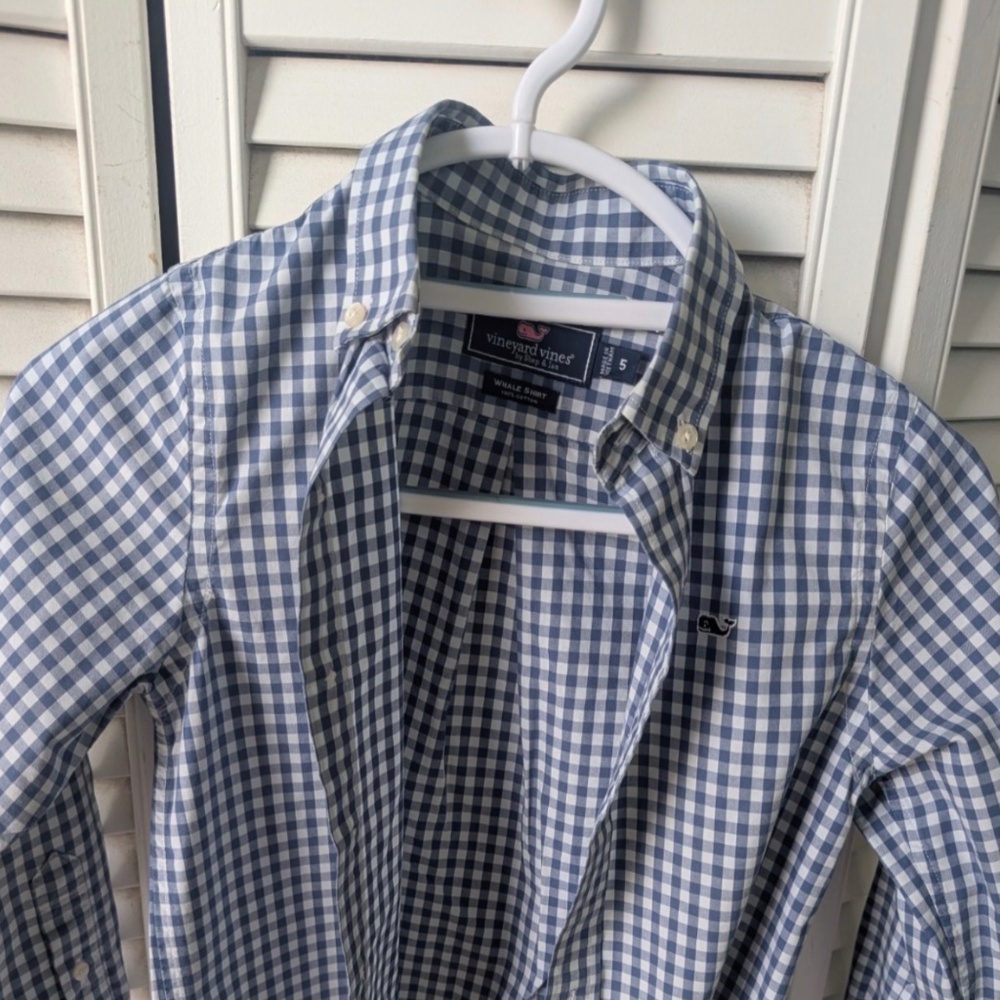 Boys Size 5 Vineyard Vines Whale Shirt Blue Gingham Button Up 100%cotton EUC